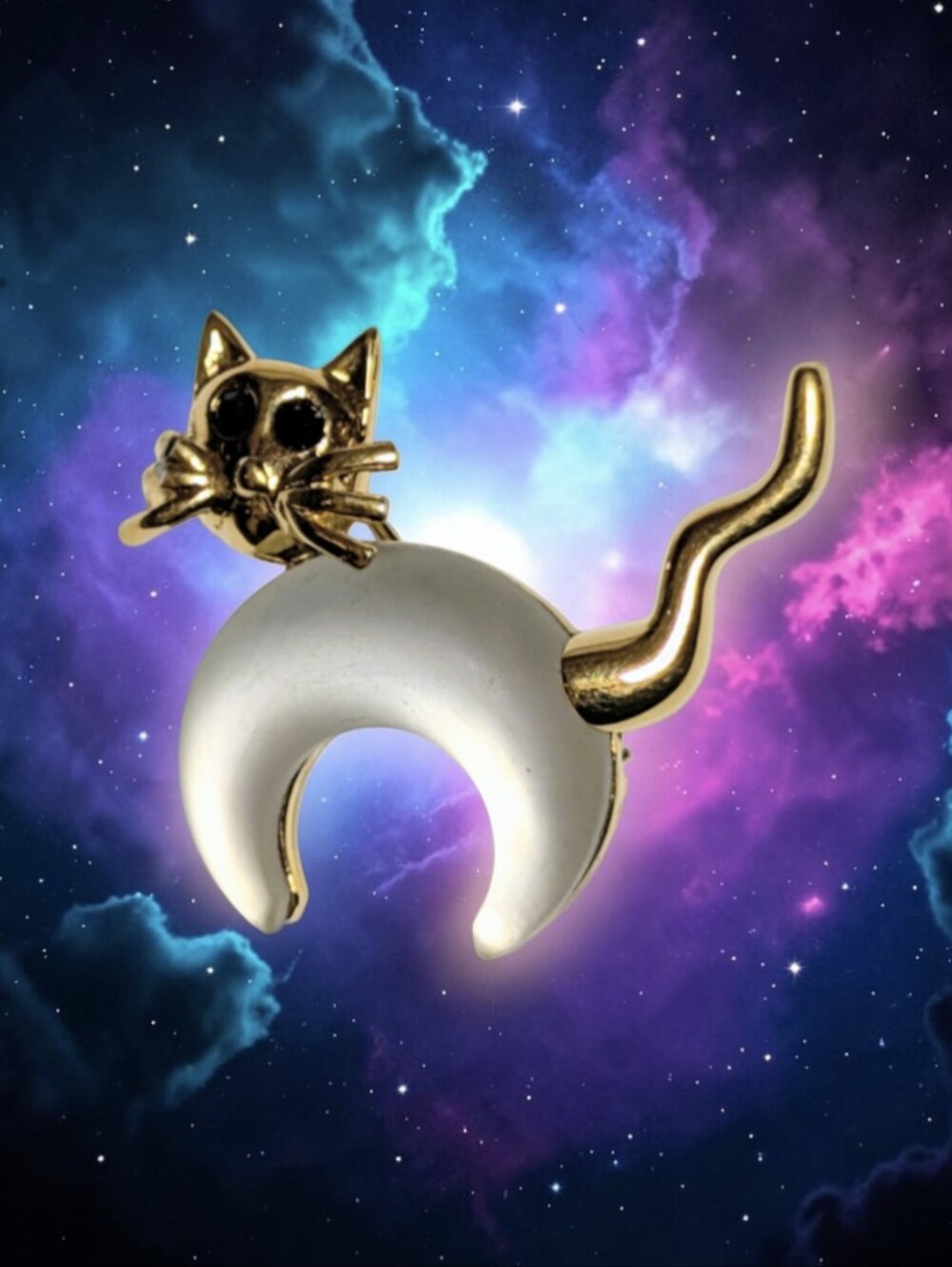 DOrlan Signed Two Tone Cat Crescent Moon Celestial Brooch Pin
